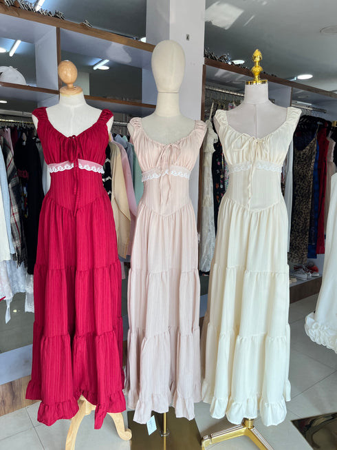 Spring Ruched Tie Neckline Sleeveless Long Sundresses